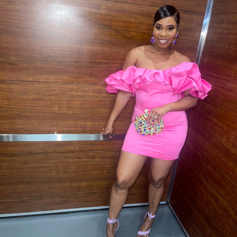 Ruffled Off the Shoulder Dress Hot Pink